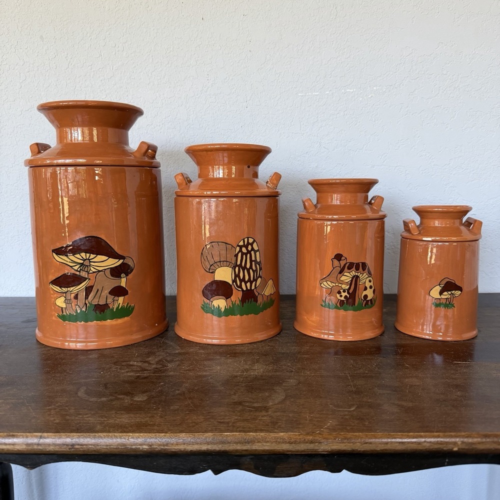 Vtg 70s Mushroom Ceramic Milk Can Canister Set 4 Piece Hand Painted 1975